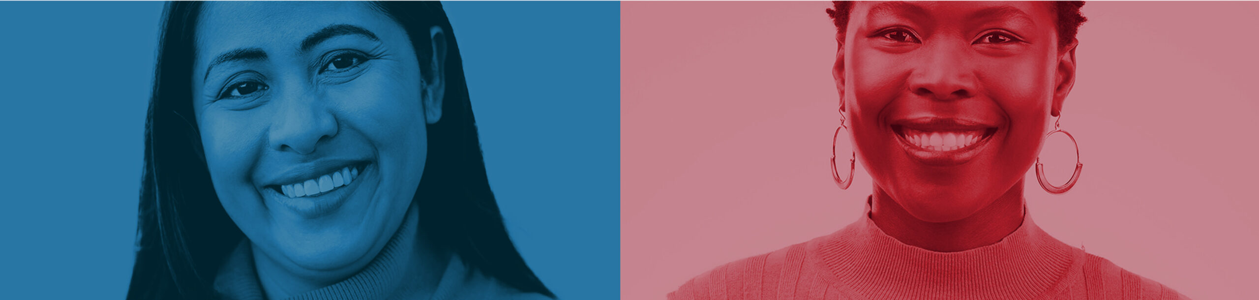 picture of two women side by side, divided by red and blue color