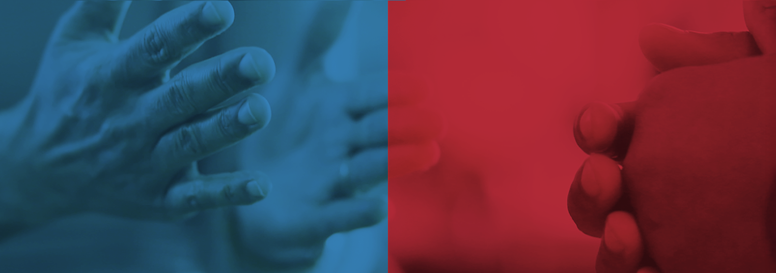 picture of people's hand gestures when arguing side by side, divided by red and blue color