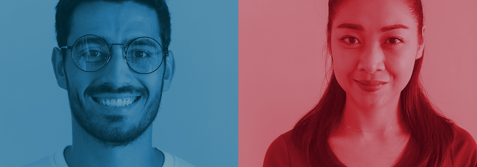 picture of a man and woman side by side, divided by red and blue color