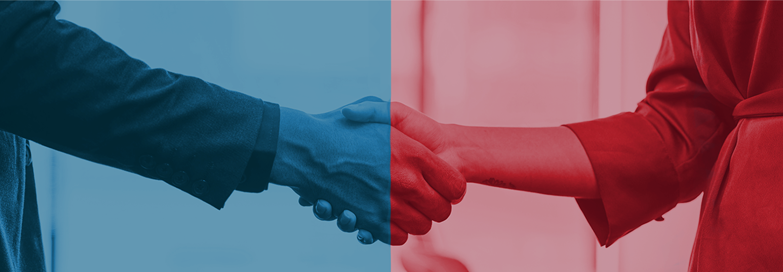 picture of a man and woman shaking hands, divided by red and blue color